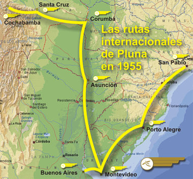 Rutas Internacionales de PLUNA en 1955